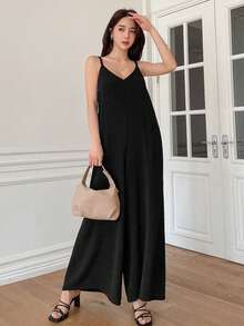 DAZY Của phụ nữ Màu thuần Lỏng lẻo phù hợp Áo liền quần ống rộng Với Dây đai - màu đen - Xem 3