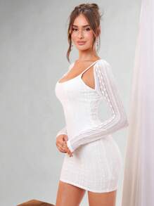 SHEIN BAE Romantic Valentine's Day Women Long Sleeve 2 In 1 Bodycon White Lace Mini Dress For Date Night - White - View 5