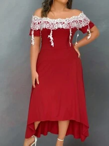 SHEIN Clasi Plus Off Shoulder Guipure Lace Insert High Low Hem Dress - Red - View 4