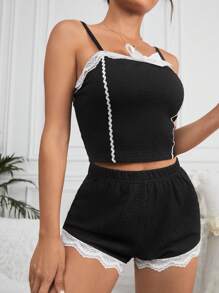 Women's Bow Knot Decorated Lace Trimmed Vest Top And Shorts Pajama Set
