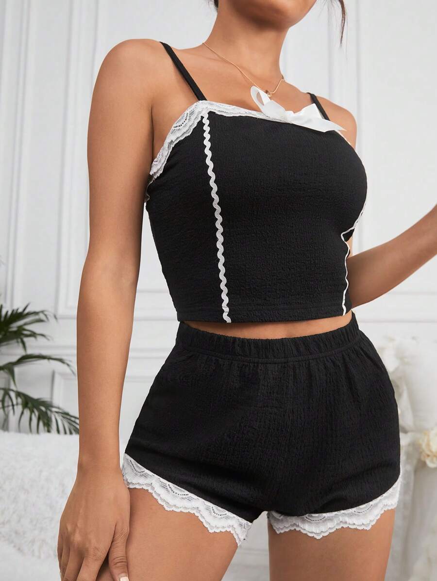 Women's Bow Knot Decorated Lace Trimmed Vest Top And Shorts Pajama Set