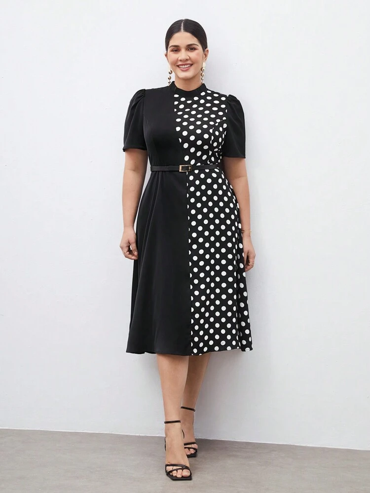 Plus Size Polka Dot & Print Splicing One-Piece Dress