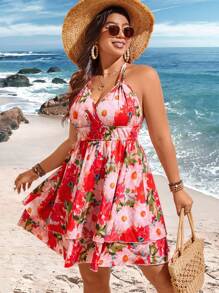 Flirla Kleid Für Frauen In Übergröße Mit Floralen Print, Träger-neckholder-design - Verschiedenfarbig - Übersicht 5