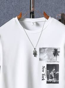 SHEIN 青少年男孩城市风景印花两件套：长袖 T 恤和裤子 - 白色 - 查看 3