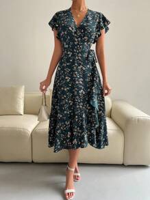 Breezaya Women's Floral Printed Ruffle Sleeve Dress Maxi Women Outfit - Dark Green - View 4