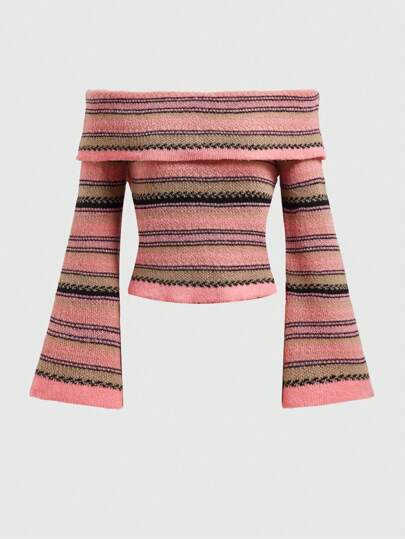 Kawaii Pull Rose À Rayures Épaules Dénudées Pour Femmes