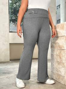 SHEIN Essnce Pantalon Évasé En Tricot Taille Haute Pour Femme De Grande Taille, Ajusté Et Mince, Pour Les Sports D'été Et Les Tenues Décontractées - Gris - Voir 5
