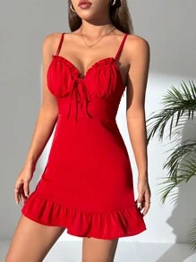 SHEIN PETITE 女用褶皺荷葉邊下擺細肩帶洋裝 - 紅色 - 查看 6