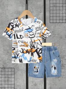 Young Boy's Daily Fashionable Casual Graffiti Letter Print T-Shirt And Denim Shorts Set