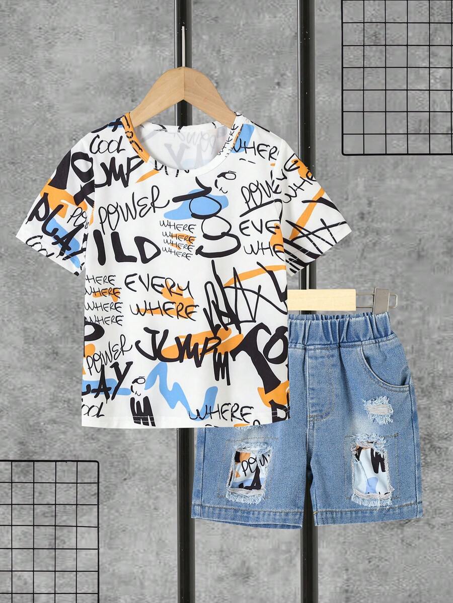 Young Boy's Daily Fashionable Casual Graffiti Letter Print T-Shirt And Denim Shorts Set