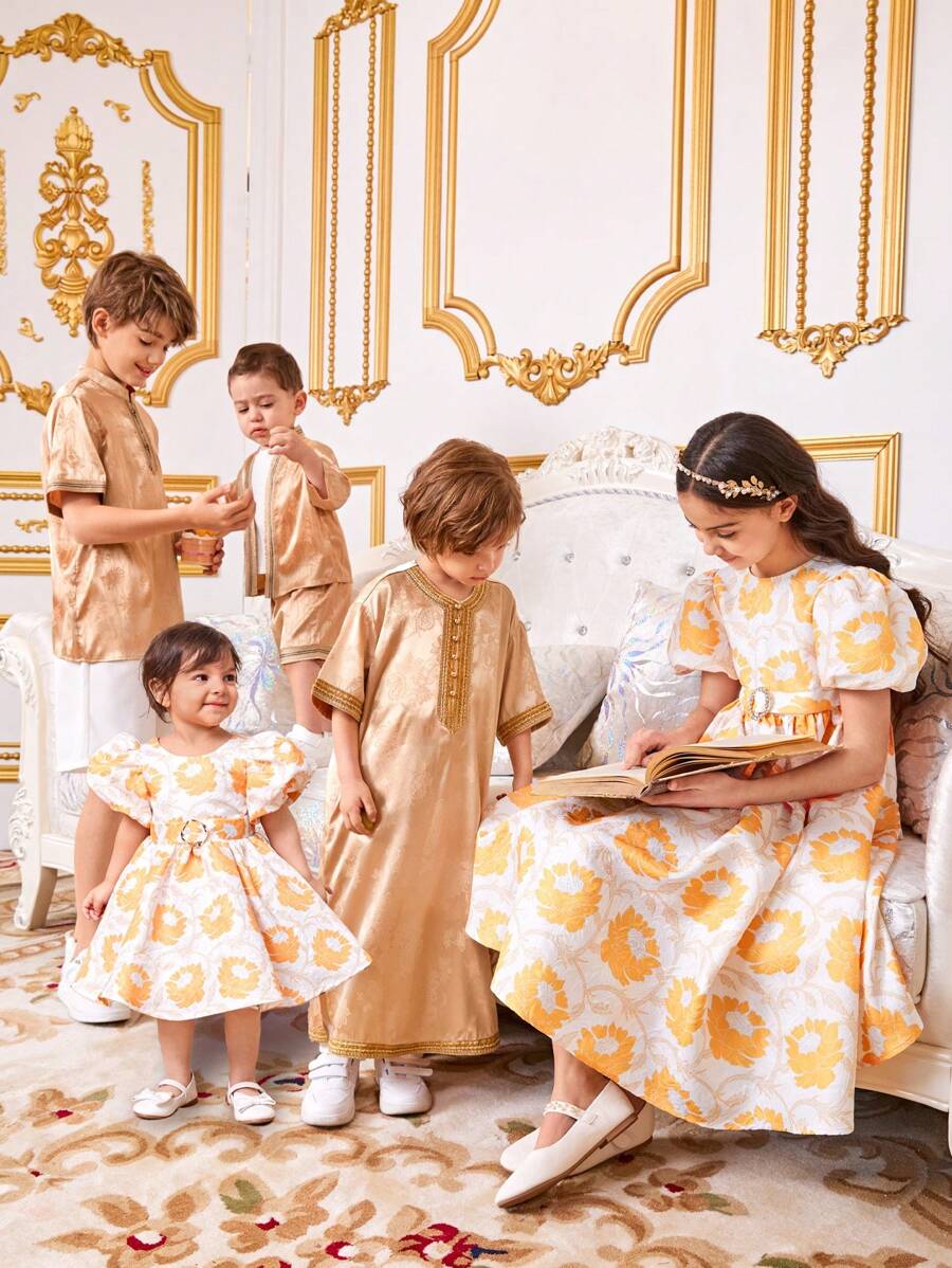 SHEIN 男孩鬆身休閒提花圓領長袖襯衫 - 金色 - 查看 1