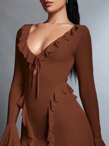 SHEIN BAE 女性荷葉邊修身洋裝 - 咖啡棕 - 查看 9