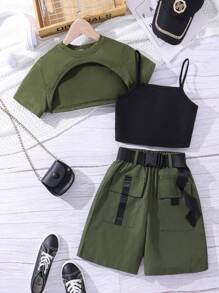 SHEIN 3 Piezas/set Conjunto De Crop Top, Camiseta Y Shorts Desgastados Para Chicas Adolescentes