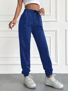 RueChic Solid Drawstring Waist Slant Pocket Sweatpants - Blue - View 3