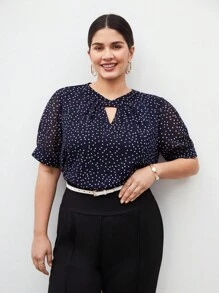 BizChic Của phụ nữ Kích thước lớn Chấm bi Lỗ khóa Vòng cổ Giải trí Áo sơ mi - Màu xanh hải quân - Xem 3