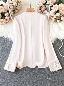 SHEIN Unity 大尺碼花朵刺繡細節長袖西裝外套 - 杏色 - 查看 2
