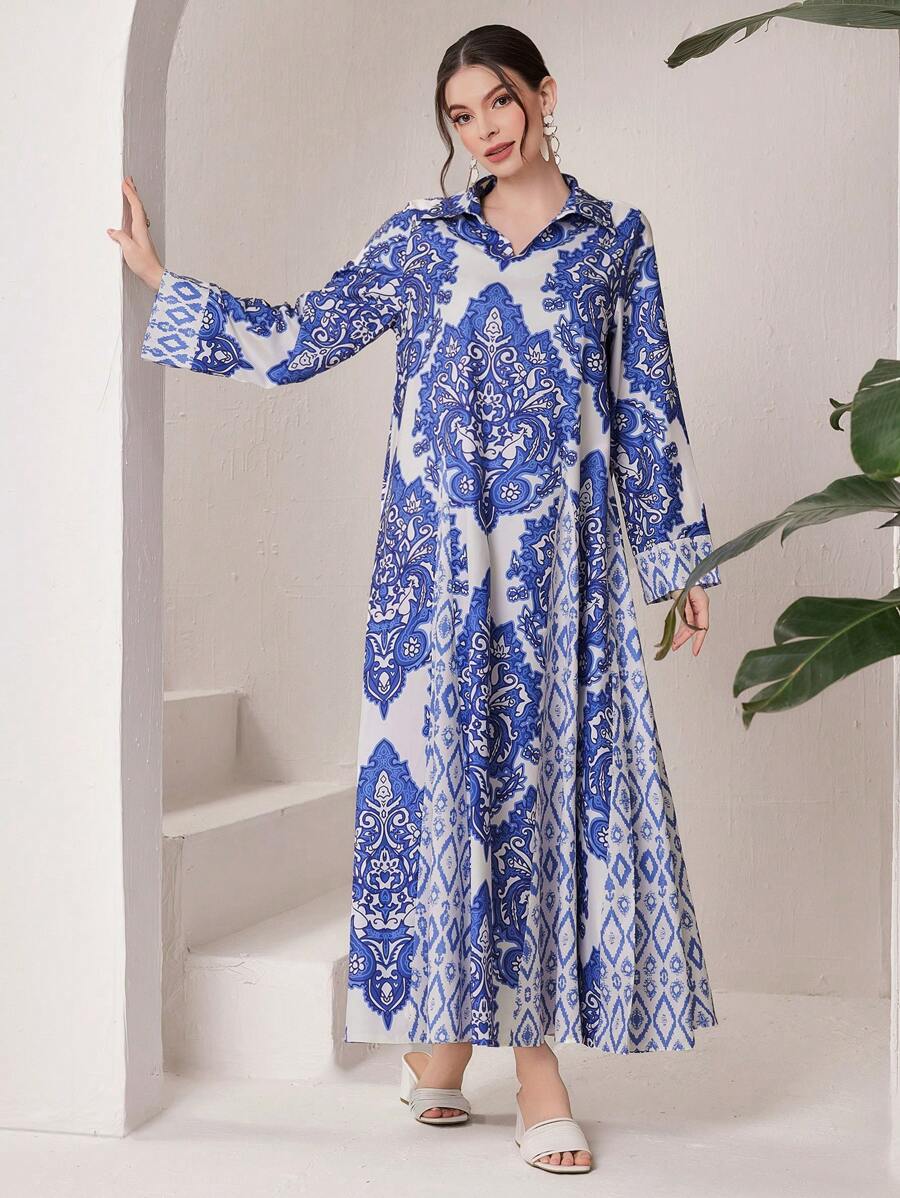 Al Najma 全印花v領長袖連衣裙 - 藍色 - 查看 1