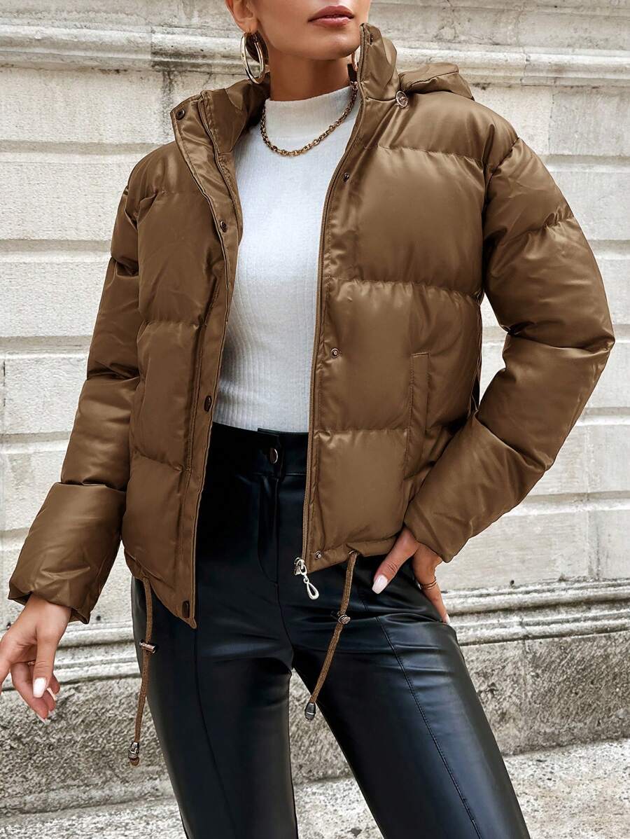 Drawstring Hem Hooded Puffer Coat