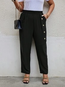 Calvaya Plus Size Solid Color Button Detail Pants Fall Cloth For Women - Black - View 5