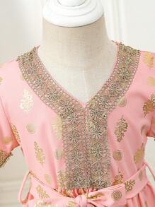 嬰兒女童短袖v領拼接連衣裙,夏季的完美選擇 - 粉色 - 查看 6