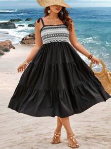 SHEIN SunnyBelle Kích thước lớn Của phụ nữ Hình học In Dệt kim Hai Dây Buộc Đầm Đối với Ngày lễ - màu đen - Xem 2