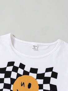 Explorewe 少女格紋和臉部印花短袖 T 恤和喇叭褲套裝 - 黑與白 - 查看 3