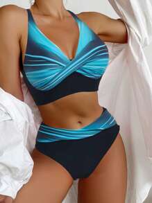 Swim Lushoire Summer Beach Women's Color Block Striped Twist Knot Bikini Set Carnival