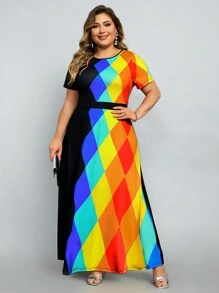 SHEIN Lady Kích thước lớn Của phụ nữ Hình học In Ngắn tay Đầm - Nhiều màu - Xem 6