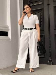 SHEIN Essnce 大尺碼女款立領羅紋短袖 T 卹