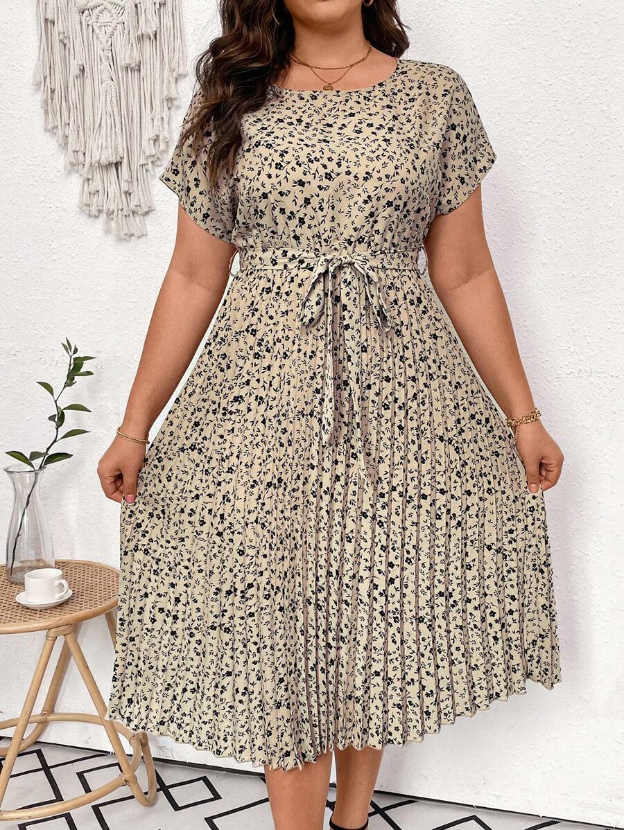 Vionelle Plus Size Women's Floral Print Pleat Detail Dress Maxi Women Outfit - Multicolor - View 1