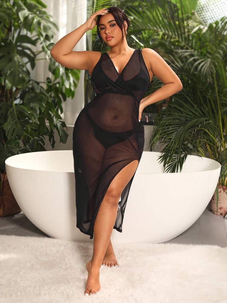 Plus Size Women's High Slit Lace Cover Up Dress Summer