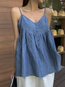 DAZY Top de camiseta sin mangas con cuello en V y botones para mujer, top de estilo babydoll para el verano