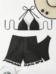 SHEIN Swim Bộ đồ bơi bikini thắt nút hở lưng màu trơn mùa hè có viền tua rua quần bơi lễ hội âm nhạc - màu đen - Xem 7