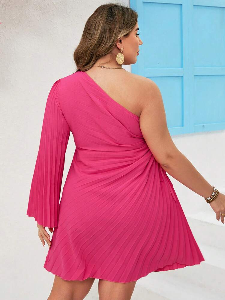 Plus Size Summer Holiday One-Shoulder Pleated Waist Hollow Out Beach Party Dress In Pink