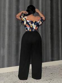 Slaydiva 優雅通勤不對稱領短袖上衣和寬腿褲女裝大碼2件套裝，大花圖案 - 彩色 - 查看 3