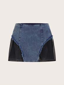 SHEIN ICON 女款 Y2k 牛仔效果撞色网眼迷你裙 - 彩色 - 查看 7