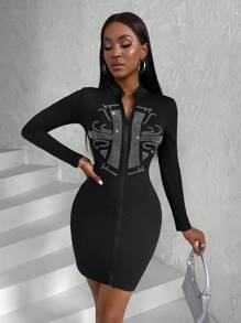 SHEIN Slayr 女式水鑽裝飾前拉鍊修身連身裙 - 黑色 - 查看 6