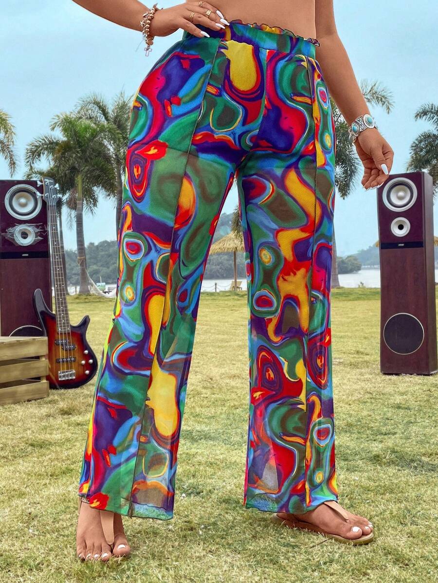 SHEIN Holidaya Pantalon Évasé De Style Festival De Musique Boho À Tie-dye Pour Femmes De Grande Taille - Multicolore - Voir 1