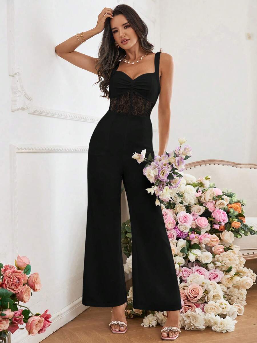 SHEIN Privé 女用蕾絲拼接百褶連身褲 - 黑色 - 查看 1
