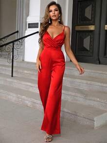 Joyfunear Women's Solid Color Ruched Camisole Wide Leg Elegant Jumpsuit - Red - View 5