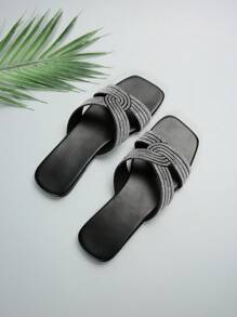 Mới Mùa hè/mùa thu Của phụ nữ Đen Dép đi trong nhà Đối với Ngoài trời Đồ đi biển Với Pha lê , Phong cách Pháp , Gót phẳng , Đế mềm - màu đen - Xem 7
