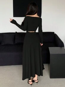 Dazy Designer Đầm cổ thuyền trơn màu thanh lịch dành cho nữ, Đầm dài tay thời trang thu - màu đen - Xem 2