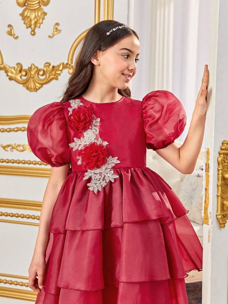 Tween Girls' Gorgeous Puff Sleeve 3d Flower Dress