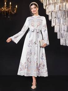 Al Najma Vestido Para Mujer Con Cuello Alto, Manga Larga Y Cinturón - Multicolor - Ver 5