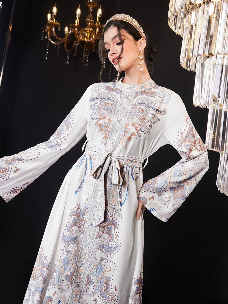 Women's Stand Collar Long Sleeve Belted Dress