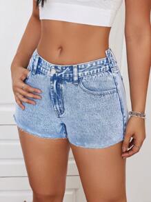 SHEIN ICON Asymmetrical Waistline Water Wash Denim Shorts - Medium Wash - View 4