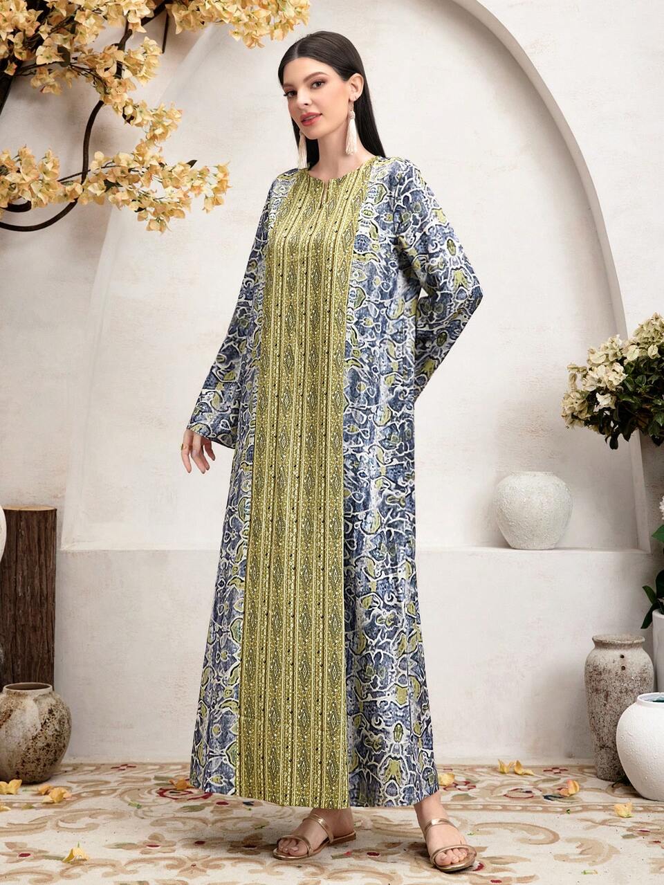 Notched Collar Long Sleeve Color Block Kaftan, Modest