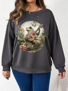 SHEIN LUNE Casual Animal & Plant Printed Round Neck Plus Size Sweatshirt For Women, Casual Fit With Slight Stretch - Dark Grey - View 3