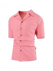 Manfinity Homme Camisa Rosa Texturizada De Manga Corta De Talla Grande Para Hombres
