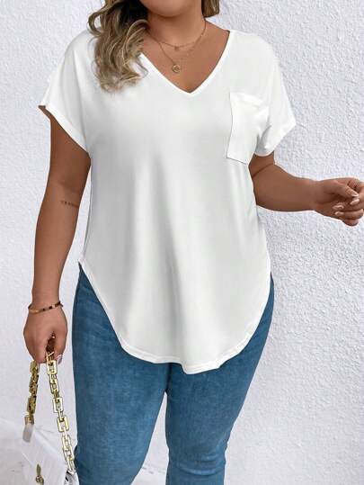 EMERY ROSE Plus Size Women's V-Neck T-Shirt With Curve Hem
